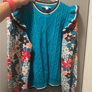 Floral Sleeve Teal Sweater